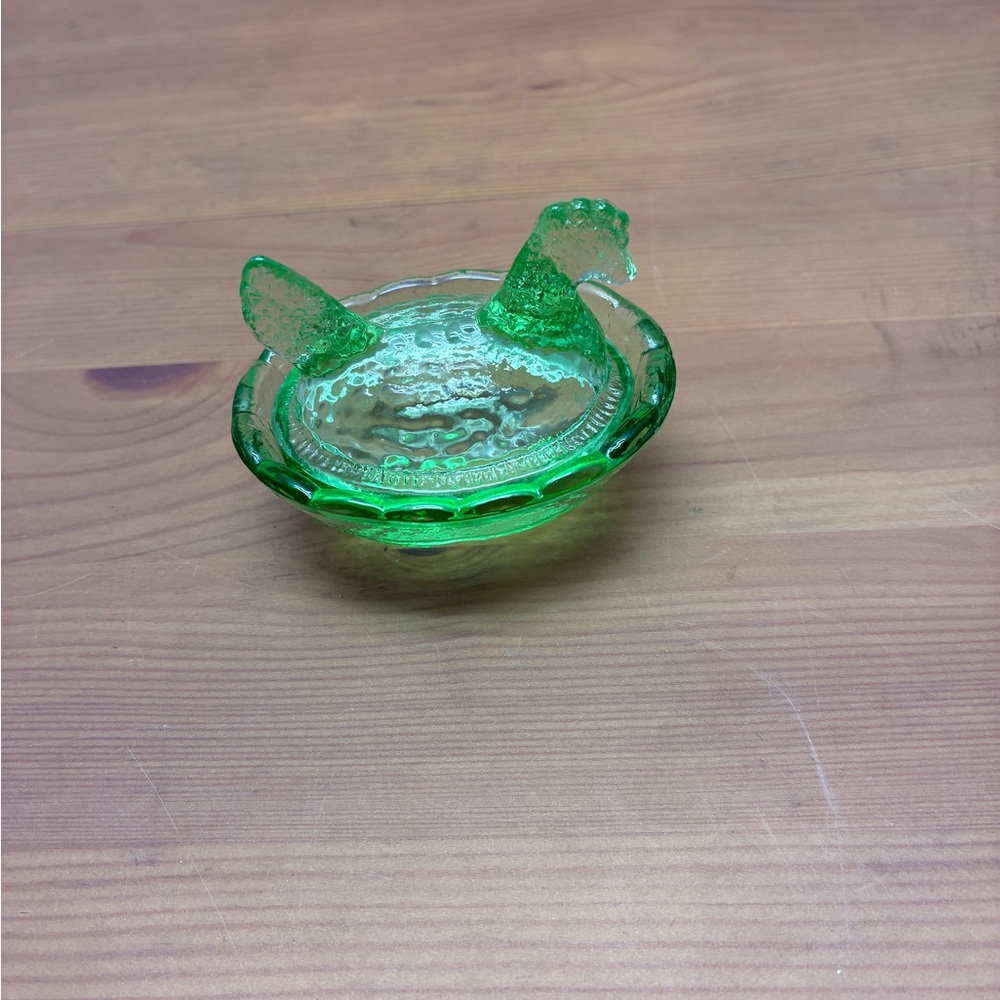 Green Glass Trinket Dish hen on nest